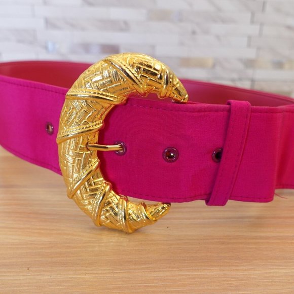 VINTAGE‎ Belt Womens XS Pink Fabric Cinch Waist Fashion Chunky Gold Buckle Y2K - Picture 1 of 11
